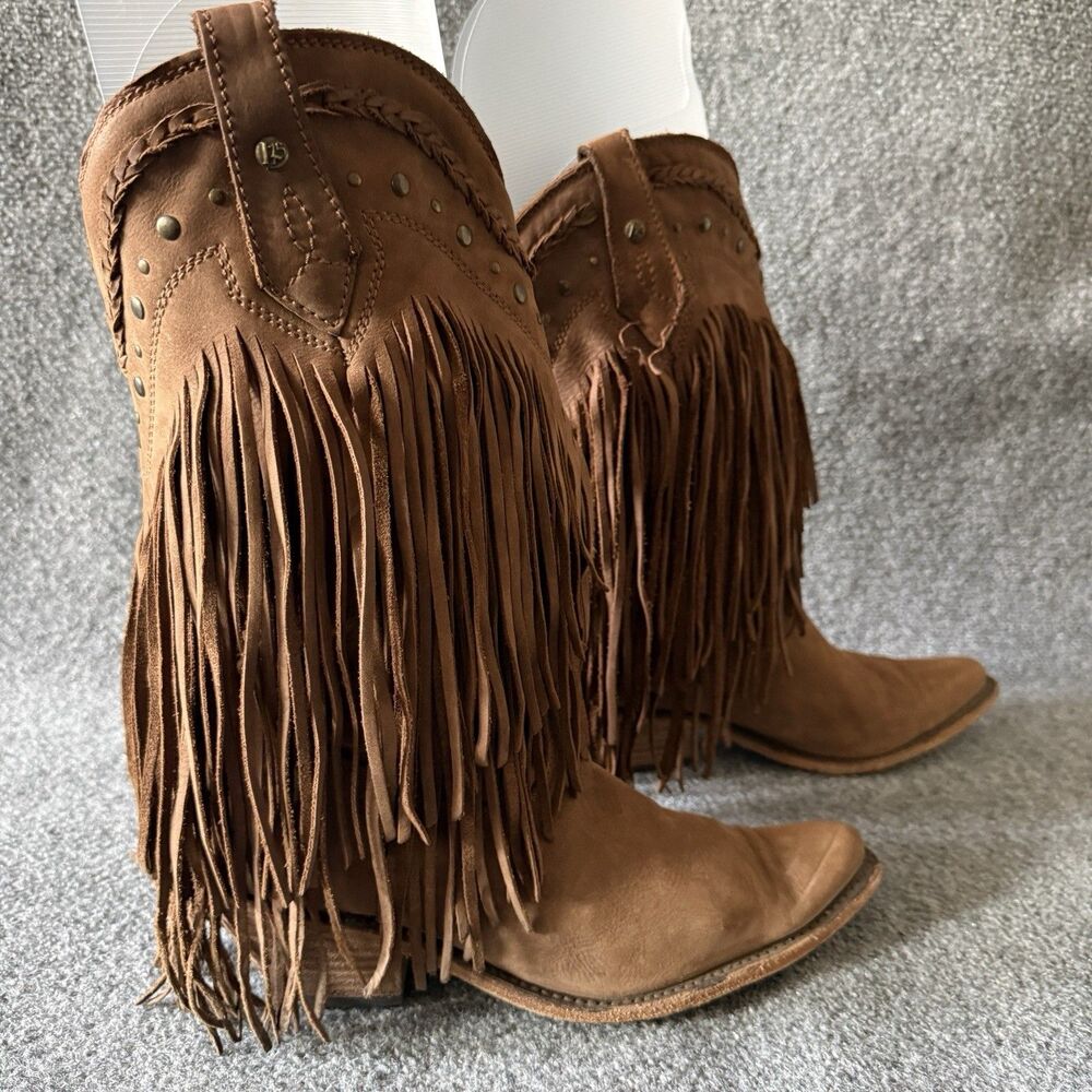Liberty Black Vegas Fringe Boots Brown Leather Studded Western Boho Size 10